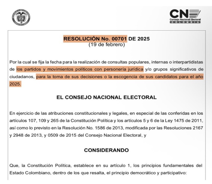 Resolución CNE No. 00701 de 2025